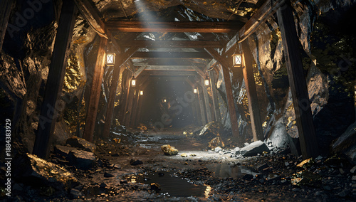 Cinematic 3D visualization of gold mining, highlighting raw ore, glowing gold veins, and dramatic geological environments with realistic lighting and depth. AI Generated.