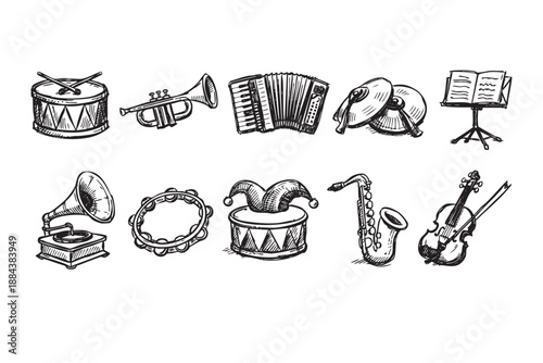 Hand drawn sketch collection of various musical instruments like drum, violin, saxophone, gramophone, trumpet, and accordion on white background.