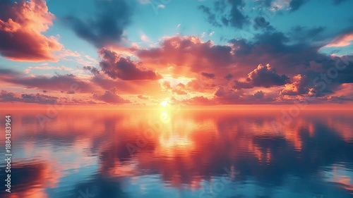 Horizon Harmony: The sun sets ablaze the sea and sky with dramatic hues of orange and blue, creating a tranquil vista reflecting perfect beauty.