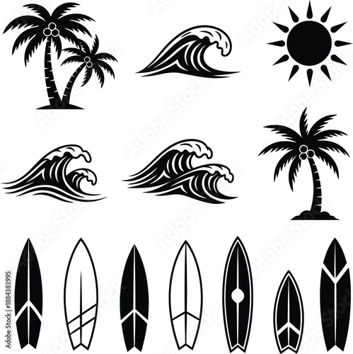 Set of beach icons, surf icon set with palm tree wave sun and surfboard silhouettes.