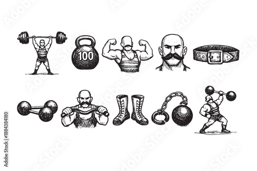 Hand-drawn set of strongman imagery including weightlifters, kettlebell, boots, and accessories in a vintage illustration style, great for fitness and retro designs.
