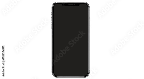 Modern black smartphone with sleek design isolated on white, viewed from the front with a flat screen and rounded edges.