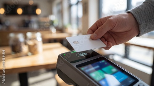 Close-up of a hand presenting an unbranded payment card to a generic contactless terminal in a bright café setting with soft bokeh and marketing copy space.
