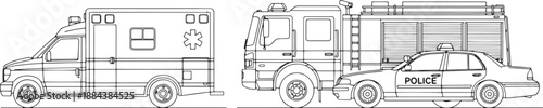 A detailed monochrome illustration of essential emergency service vehicles: ambulance, fire truck, and police car. These key components represent safety and rescue within a community.