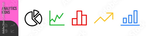Business chart and analytics icon set. Minima line, outline chart icons including bar, line, pie and growth graphs for data visualization, growth, pie charts, and statistics. Color set icons