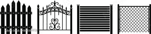 Four distinct black fence designs depicted in a row on transparent background silhouette