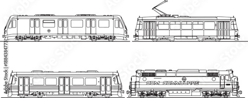 Detailed diagrams of modern train vehicles, showcasing various aspects of locomotive design and functionality, creating a comprehensive technical illustration.