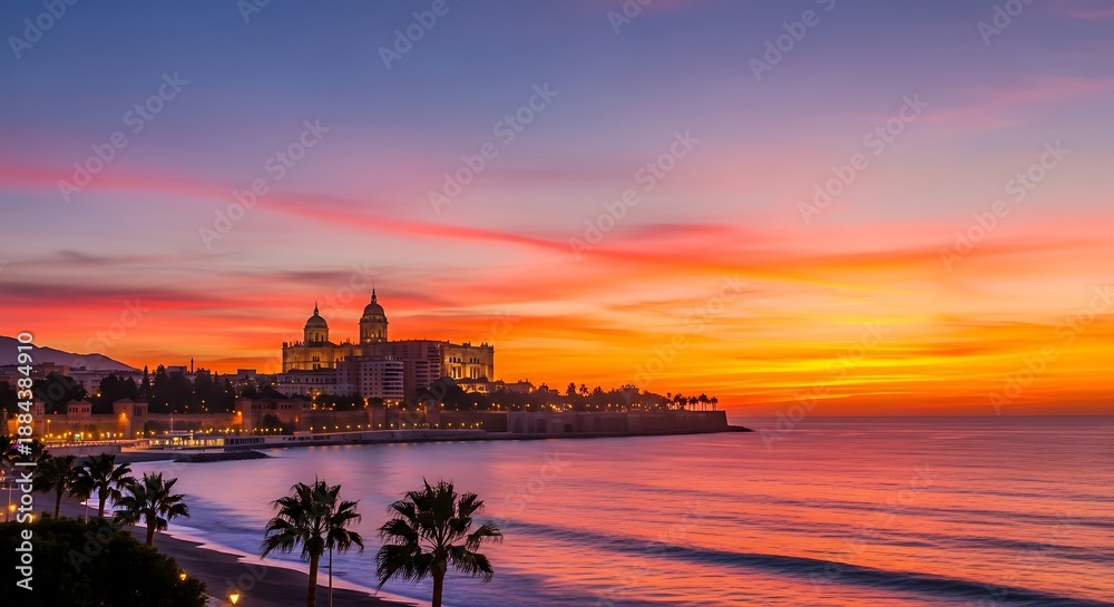 Naklejka premium Coastal cityscape bathed in a vibrant sunset's warm glow.