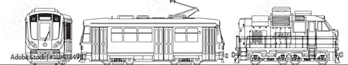 An detailed architectural drawing depicts a high-speed tram from different perspectives, its complex structure presented with precise lines and shadows.