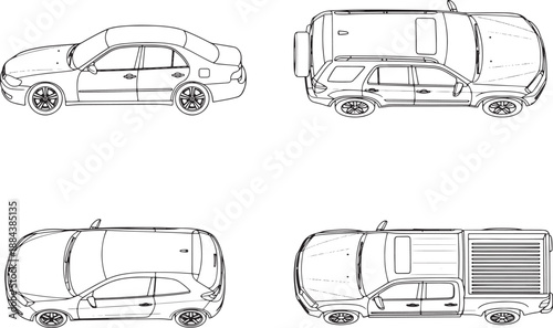 Four different automobiles are displayed from various perspectives, showcasing their unique body styles and designs. 