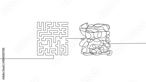 Continuous line maze to chaos vector illustration, problem solving confusion to complexity concept minimalist outline