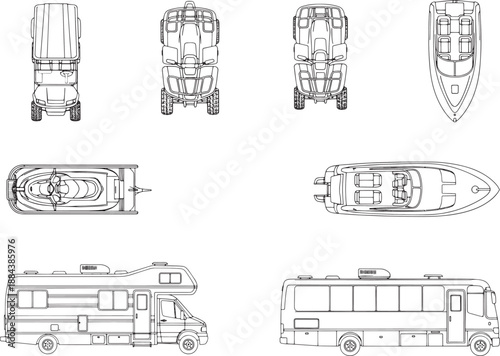 A collection of top-viewed vehicles and watercraft including bus, boat, trailer, in a clean, graphic style, suitable for various purposes.