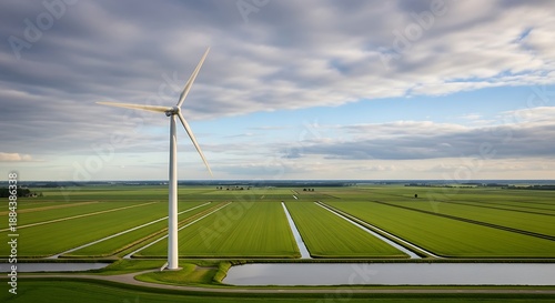 Single wind turbine stands tall in a vast green agricultural landscape under a cloudy sky.