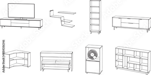 Collection of modern furniture, a comprehensive set of sleek furniture illustrations. Focus on furniture for a living space with modern design style.