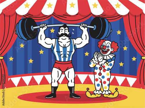 Strongman lifting weights with clown watching.