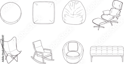 A captivating assortment of furniture showcases diverse chair designs, each exhibiting unique forms and functions, meticulously illustrated in a clean and appealing aesthetic.