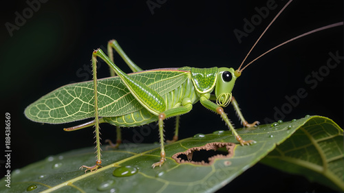 Leaf mimic katydid insect on green leaf with water droplets