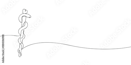 Minimal line illustration of the Rod of Asclepius, a medical symbol featuring a serpent wrapped around a staff, representing healthcare, healing, medicine, and medical professions