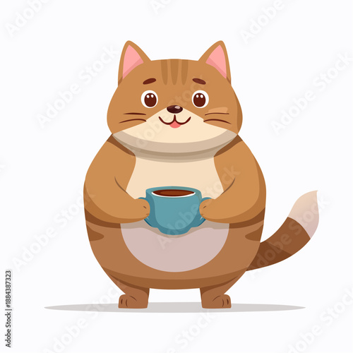 Cartoon Cat Holding Coffee Mug.