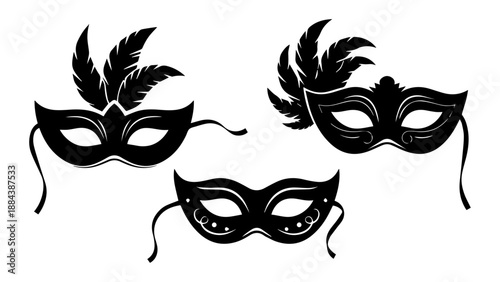 Elegant venetian masks with feather details a striking black and white image silhouette

