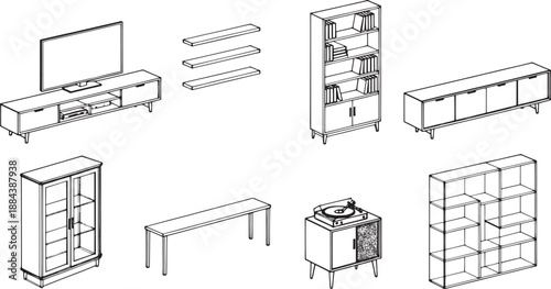 A set of minimalist and modern furniture designs showcasing various functional storage solutions.