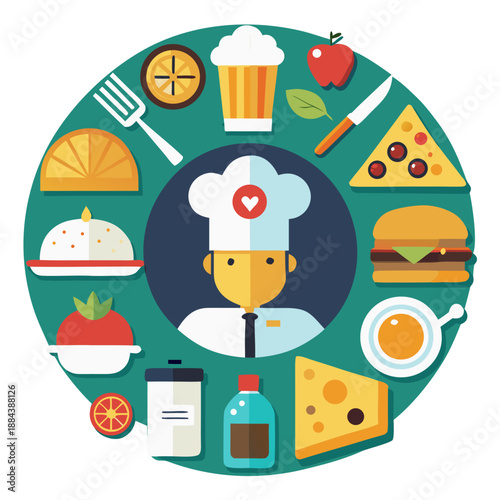 Creative Chef Character Surrounded by Appetizing Food Icons, Perfect for Restaurant and Culinary Designs
