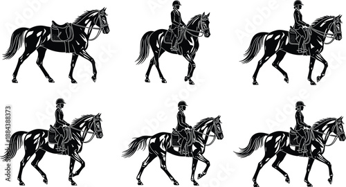 Set of horse riding equestrian silhouettes, wild black panther cat figures, and graceful ballerina dancing poses, vector illustration collection for sports nature.