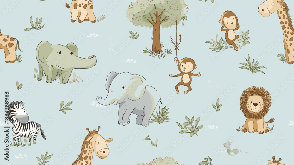 Fototapeta premium Safari animals pattern with giraffes, elephants, and lions on a light blue background. Cute cartoon jungle animals seamless pattern