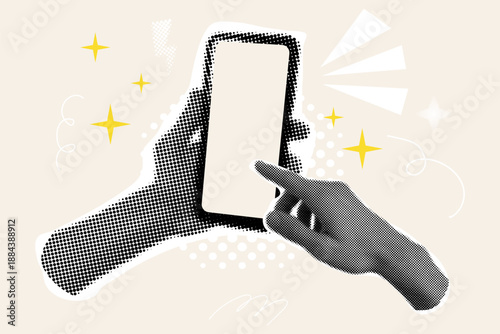Phone in hand cut out halftone collage with doodle elements. Pop art retro phone with empty screen sticker. Social media poster. App cover mockup. Smartphone blank display.