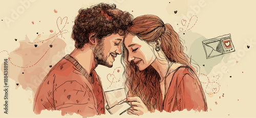 Smiling cartoon boy and girl with red hearts floating above them, depicting true love. Happy cartoon couple showing love and affection