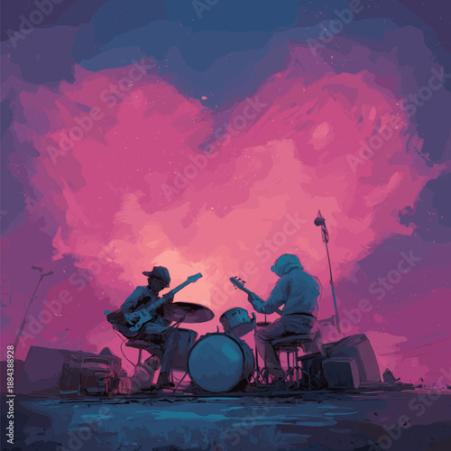 Drummer performing on a city rooftop at sunset, playing a song about love. Drummer playing love song on urban rooftop