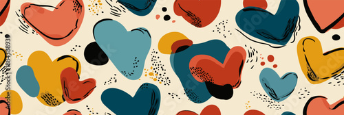 Hearts in a cute retro doodle style creating a vibrant seamless pattern. Seamless heart pattern representing love and romance