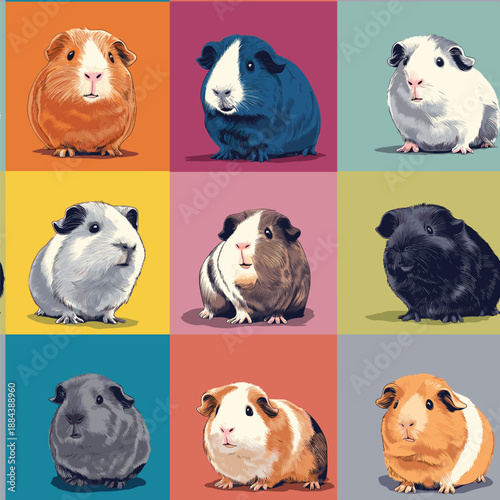 Nine cute guinea pigs in a colorful pop art distinct grid pattern. Pop art guinea pig distinct pet portraits grid
