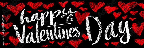 White handwritten Happy Valentines Day text surrounded by red hearts on a black background. Happy Valentines Day greeting text with red hearts