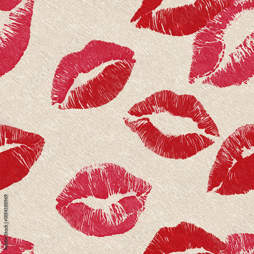Red lipstick kiss marks covering a cream textured paper surface, creating a playful pattern. Red lipstick kiss marks seamless pattern on textured paper