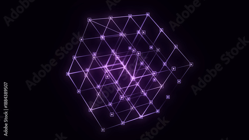 Abstract sci-fi cube with particle and line with digital indicators. Technology network connection on world. Global digital connections ai. Wireframe cube. Blockchain encryption. 3D rendering.