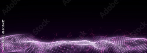 Green wave with motion dots and lines. Abstract digital background. Concept connection big data. Futuristic technology backdrop. 3D rendering.
