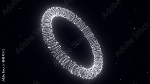 Abstract torus with blue dots and lines. 3D futuristic geometric wireframe shape. Technology network connection big data. Science background. Twist objects in dark cyberspace. 3D rendering.