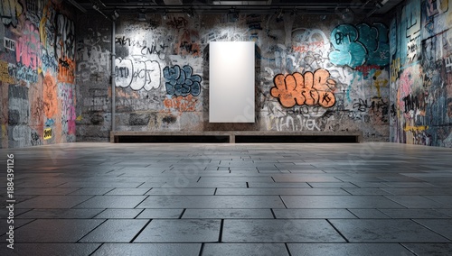 Graffiti-covered walls of an empty art gallery with a single blank canvas