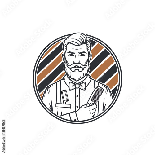 Illustration of a barber holding razor with beard and apron in a circular frame with striped background