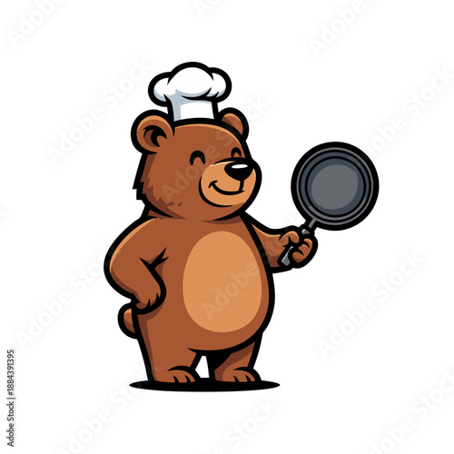 A cartoon bear wearing a chef hat holding a frying pan in a kitchen scene illustration