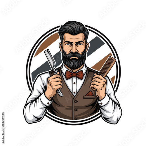 Barber holding straight razor and comb in a vintage style circular emblem