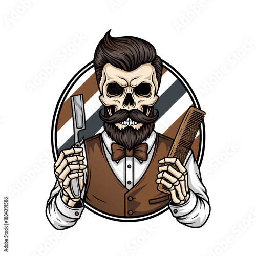 Skeleton barber with straight razor and comb in vintage barber pole setting illustration