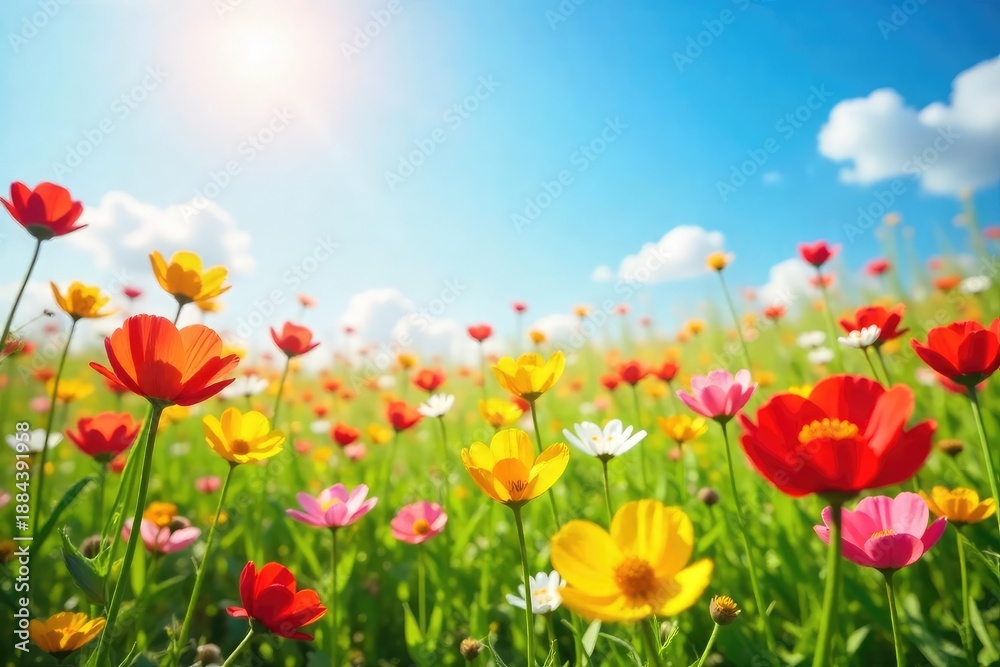 Obraz premium A vibrant, sun-drenched field of wildflowers swaying gently in the breeze, embodying carefree springtime energy Perfect for themes of freedom, joy, and renewal , vibrant colors, joy, landscape