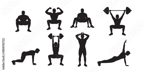 Collection of black silhouettes of men performing various exercises and fitness poses including squats lunges and barbell lifts on transparent background vector illustration