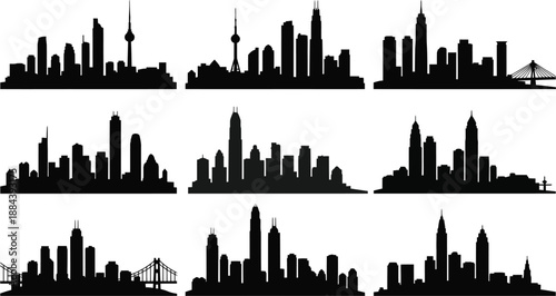 City skyline silhouettes in black and white