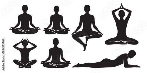 Yoga meditation poses silhouettes for wellness and mental health concept people practicing mindfulness exercise and stretching positions peaceful relaxation icons for spa and fitness studio