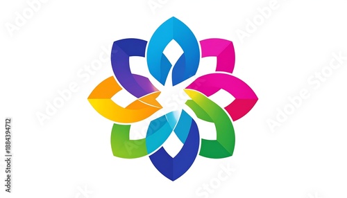 A vibrant, abstract floral design featuring overlapping, curved petal shapes in a spectrum of bold colors against white