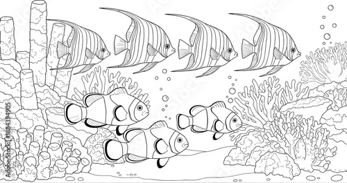 Under, water, coloring, page, featuring, tropical, fish, like, angelfish, and, clownfish, swimming, near, coral, reefs, with, bubbles, and, marine, life, line, art.