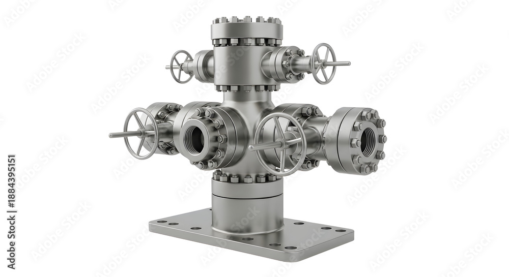 Fototapeta premium Industrial Metal Valve Assembly with Multiple Handwheels in Gray Finish